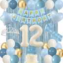 Trgowaul Happy 12th Birthday Decorations for Girls, Light Blue 12th Birthday Party Supplies, Banner, Sash and Crown, Cake Topper, 12 Number Balloon, Fringe Curtains, 12 Years Old Party Decorations Kit