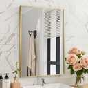 Brushed Gold Mirror, 24x36 Inch Aluminum Framed Square Corner Wall Mirror for Over Sink, Vanity, Horizontal/Vertical