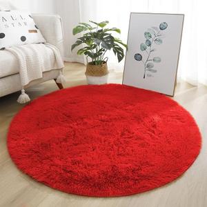 Soft Fluffy Round Area Rug, Cozy Plush Shaggy Circle Carpet for Living Room Bedroom Home Décor Red 2.0 Feet