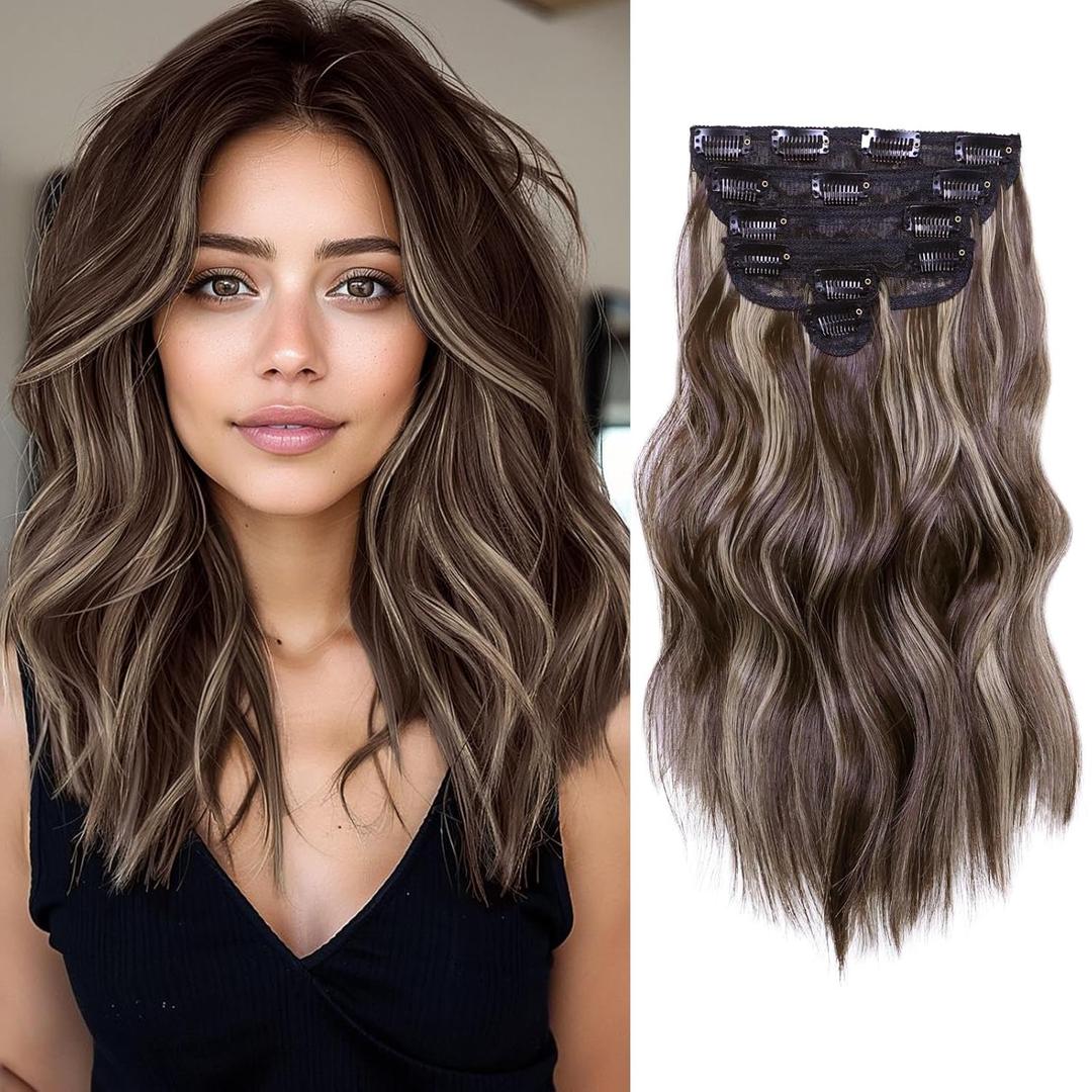 NAYOO Clip in Hair Extensions for Women 14 Inch Short Wavy Curly Dark Brown Mix Blonde Hairpieces Full Head Synthetic Hair Hairpieces(6PCS, Dark Brown Mix Blonde)