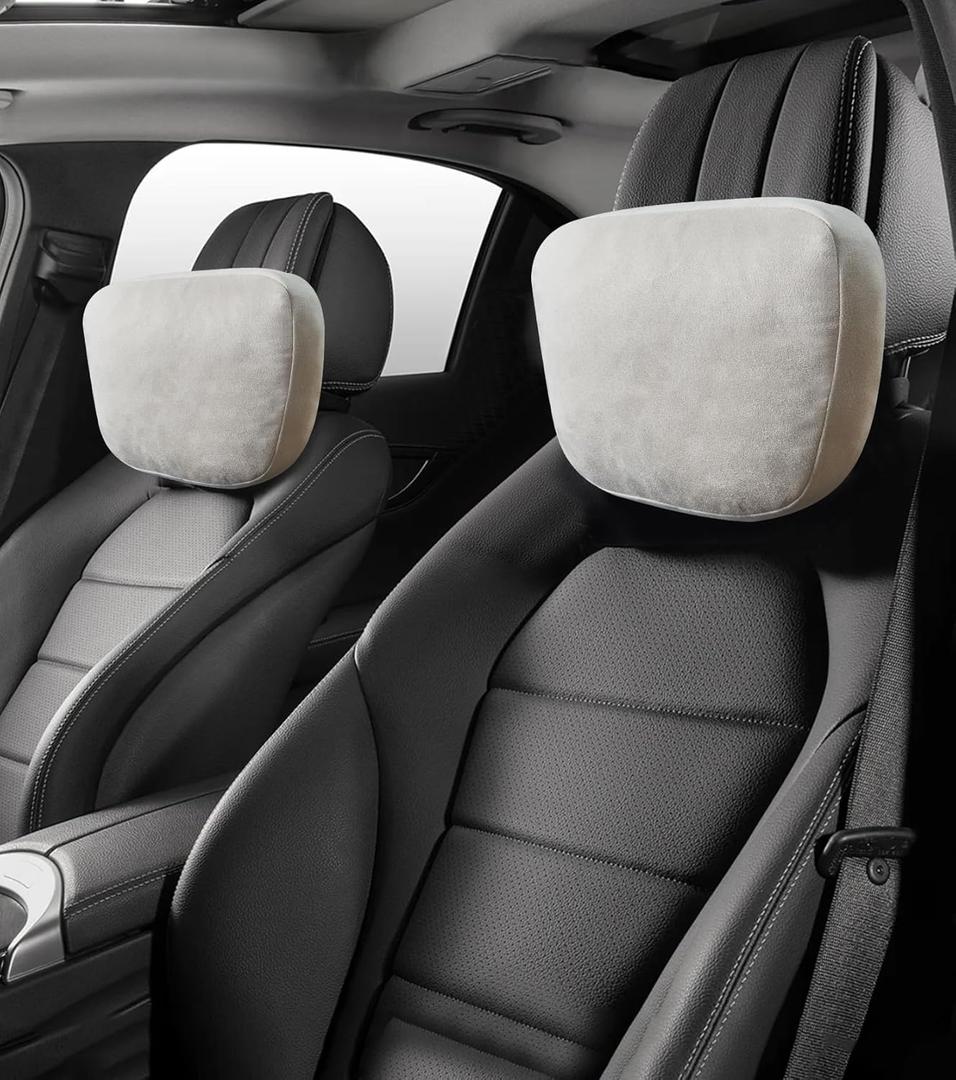 2Pcs Car Neck Pillow, Super Soft Du-Pont Bio Cotton Neck Pillow for Driving, Suede Fabric Car Headrest Pillow, Make Your Driving More Comfortable, Suitable, Traveling (Ecru) (Volcanic Grey)