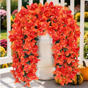 Faux Bougainvillea Artificial Fall Flowers for Outdoors, 2 Pcs Fake Fall Flowers Artificial for Decoration, Artificial Hanging Flowers UV Resistant Silk Flowers for Outside Planter Porch Patio
