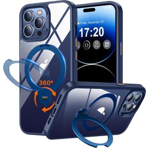 360 Rotatable Magnetic Stand for iPhone 14 pro Case Compatible with Mag-Safe 16FT Military Drop Protection, Anti-Scratch/Fingerprint Shockproof iPhone 14 pro Phone Case(Clear-Blue)