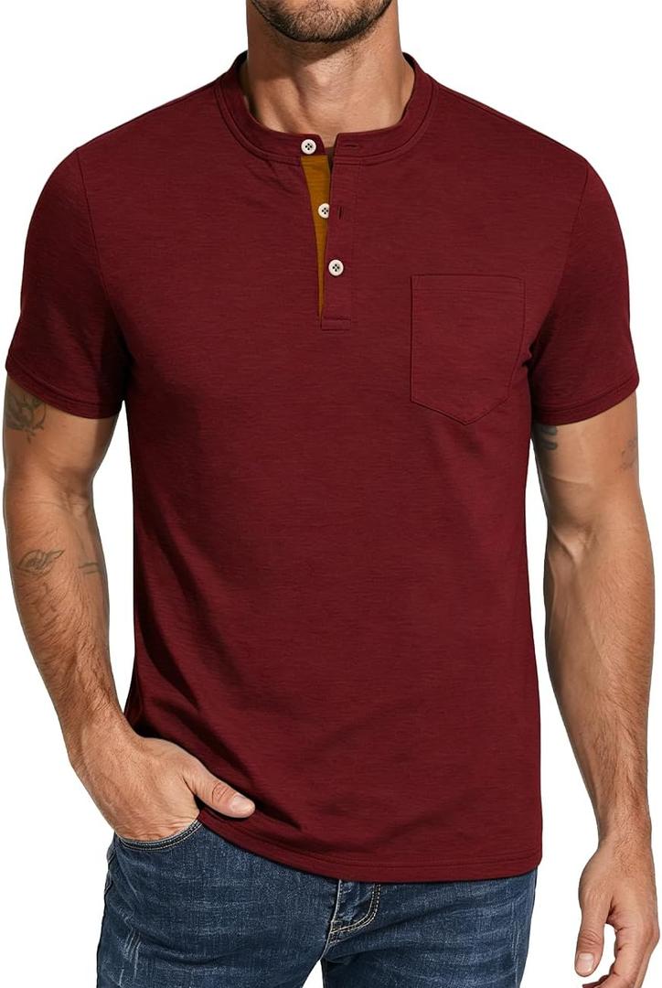 Men's Henley Shirts Short Sleeve Button T-Shirts Casual Summer Classic Pocket Tee Top (Red, M)