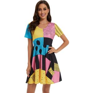 ICEYOU Sally Costume Women Halloween Short Sleeve Sally Dress (Large, Multicolour)