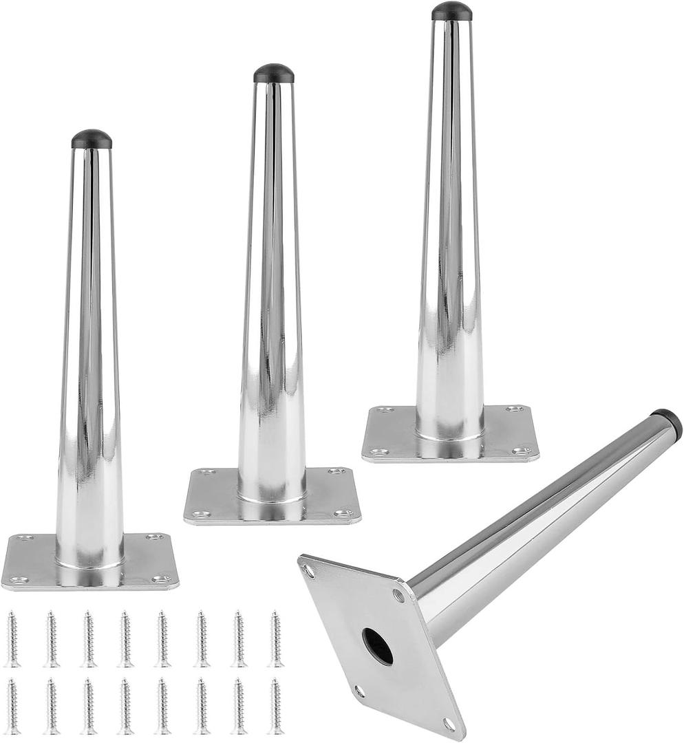 4pcs 8 Inch Furniture Legs, Straight Conical Metal Legs Chrome Mid-Century Style Furniture Feet for Sofa Cabinet Table Chair Cupboard Couch Ottoman Home DIY Projects (Silver)