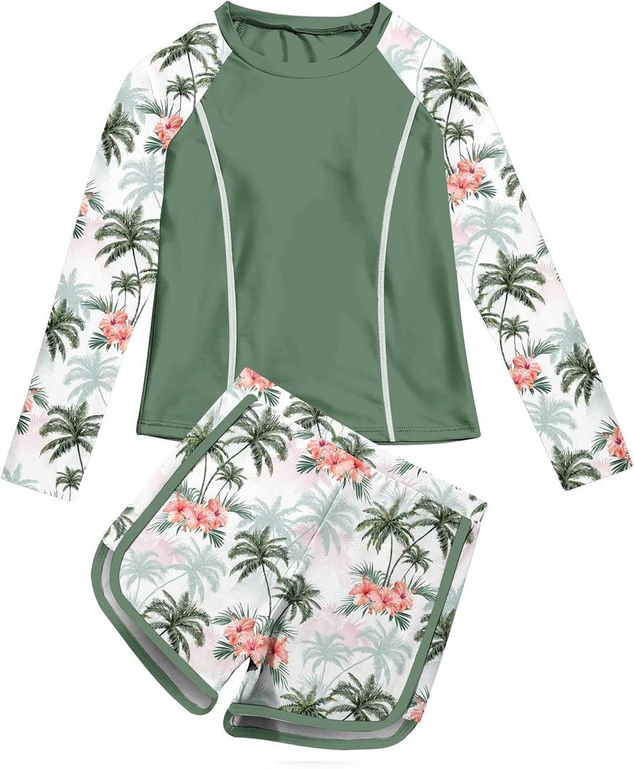 Vogseek Girls Rash Guard Swimsuits 2 Piece Bathing Suit UPF 50+ Summer Swimwear (11-12 Years, A Green Red)