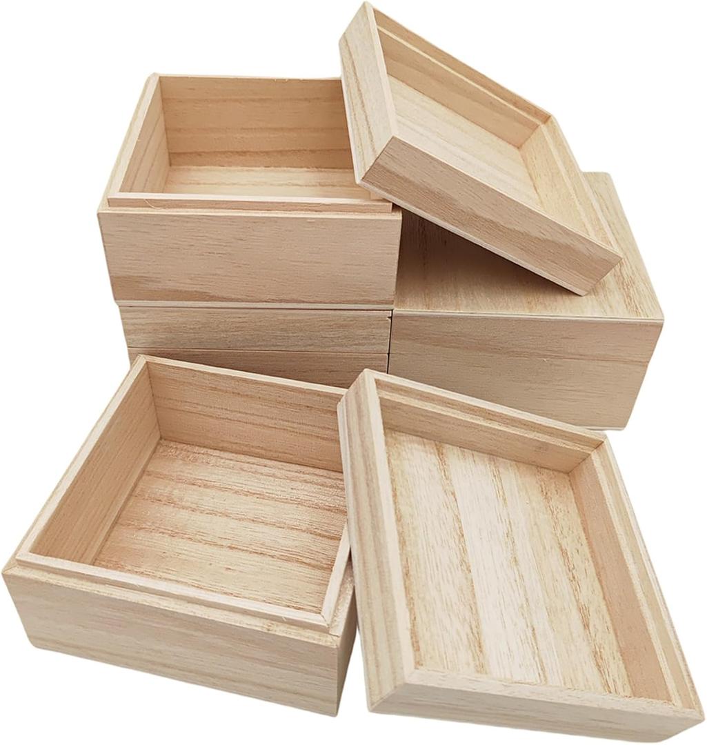 Anktily 4PCS Unfinished Wooden Box with Top Lid, 4 x 4 x 2.4 inch Small Square Wood Keepsake Box,Rustic Wood Container Boxes for Crafts, Home Storage