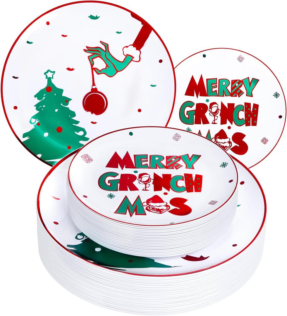 WELLIFE 60pcs Christmas Plates-30 Plastic Green Monster Dinner Plates and 30 Green Monster Dessert Plates,Red and green Plastic Plates with Christmas Tree Patterns for Christmas Party