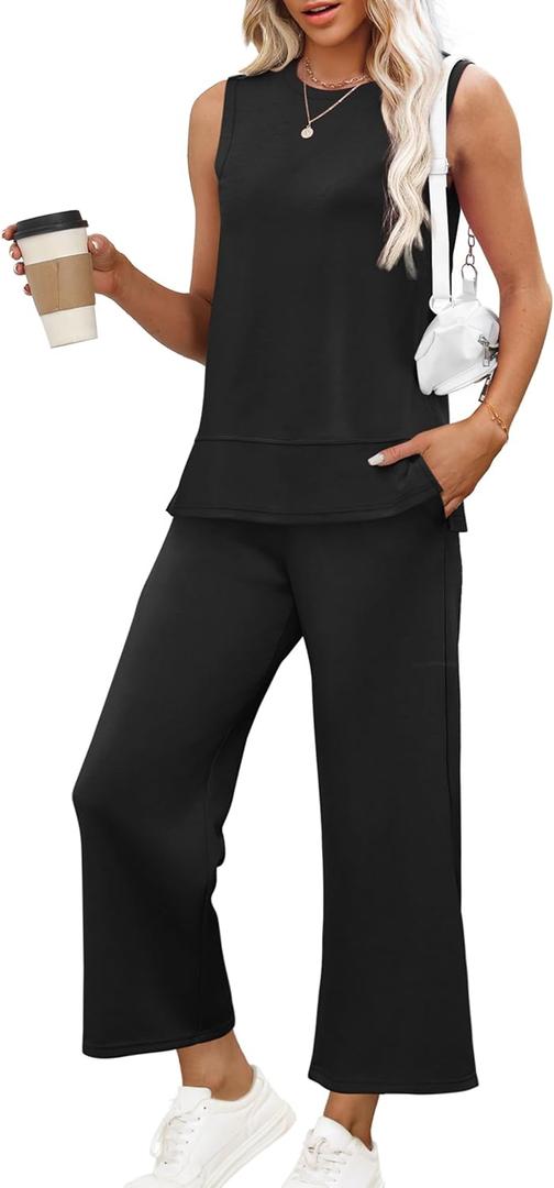 XIEERDUO Women's 2 Piece Outfits Summer Travel Tracksuit Loose Wide Leg Loungewear Comfy Lounge Sets (Large, A01-black)