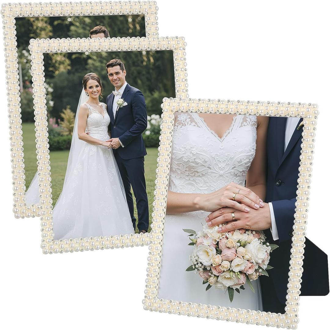 3 Pcs 8x10 Picture Frame with Pearls for Wedding Gifts, Wedding Frames for Horizontal and Vertical Decor Tabletop Display(Oval)