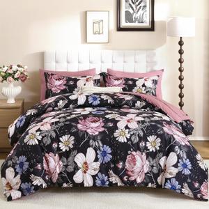 Luxudecor Queen Comforter Set 7 Pieces Bedding Sets, Black Pink Floral Comforter and Sheet Set, Soft Microfiber Bed in a Bag for All Seasons (Black Pink, 90"x 90")