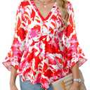 VALOLIA Flowy Blouses for Women 3/4 Long Sleeve Dressy Shirts V Neck Tops Fit Blouses Floral Formal Tops for Women Casual Fall Tunics to Wear with Leggings Pink Floral Large (L)