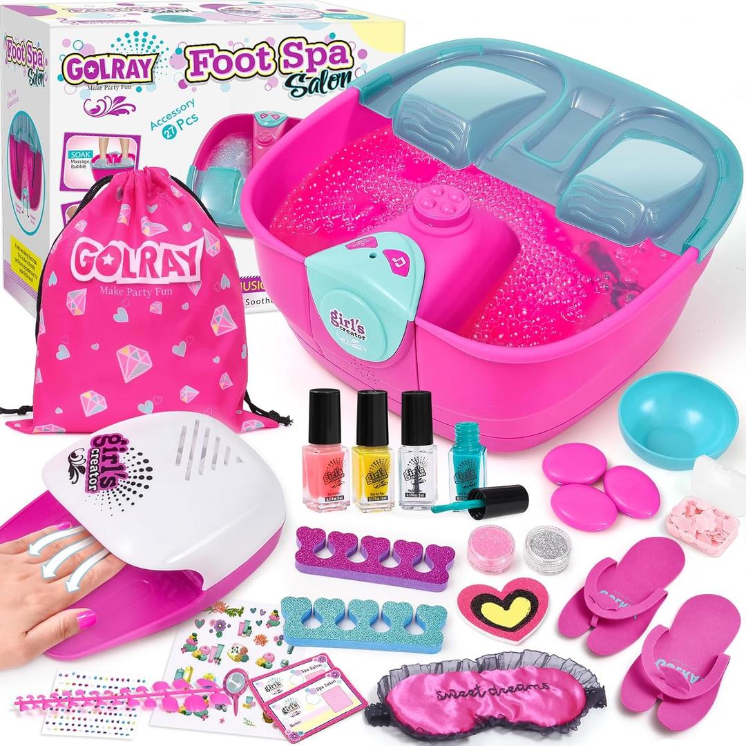 Golray Kid Foot Spa & Nail Kit, Girl Gift for 5 6 7 8-12 Year Old Toys Manicure Pedicure Art Salon, Massage Bubble & Music Foot Soak Tub, Spa Day Sleepover Party Supply Christmas Girl Birthday Gift