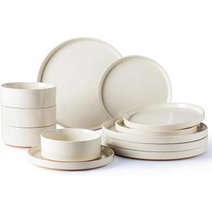 AmorArc Ceramic Dinnerware Set for 4 | Speckled Stoneware Plates and Bowls with unglazed terracotta | Scratch Resistant, Dishwasher & Microwave Safe Dishes Sets- 12-Pcs Beige (Service for 4, Modern-Beige)