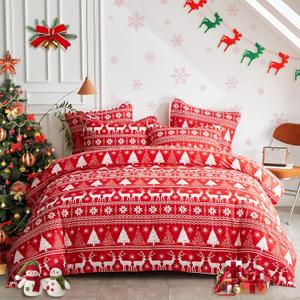 Joyreap 3 Pieces Christmas Duvet Cover Set, Red and White Reindeer Snowflake and Tree Pattern, Soft Breathable Microfiber for All Season, 1 Duvet Cover and 2 Pillow Shams (Twin, 68x90 inches)