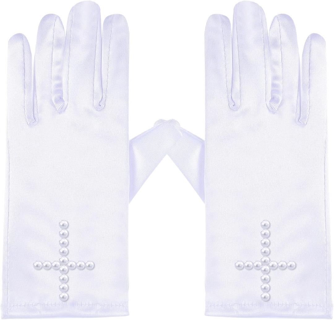 First Communion Accessories for Girl and Boy Cross Gloves with Beaded White Satin Gloves with Rhinestone Religion Gift for First Holy Communion Birthday Party