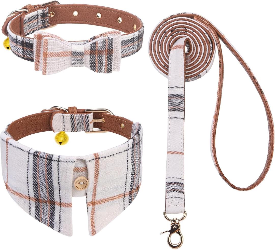 EXPAWLORER Puppy Collar and Leash Set - Classic Plaid Small Dog Collar with Bow Tie, Cute Dog Collar and Leash Set, Adjustable Dog Collar for Small Dogs Cats Holiday Birthday Gifts, Beige X-Small