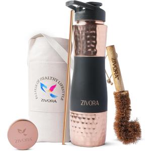 100% Pure Copper Water Bottle - 34oz water bottle for Drinking with Sipper & Traditional Cap, Copper Straw, Canvas Bag & Cleaning Brush/Modern Lifestyle with Ayurvedic Benefits.