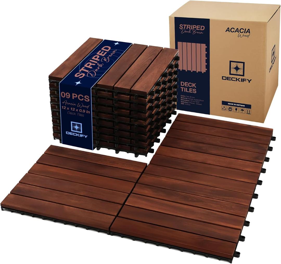 9 Pcs Acacia Wood Interlocking Patio Deck Tiles, 12 x 12 x 0.9 Inch Outdoor Flooring, Waterproof for All-Weather Use Striped, Dark Brown
