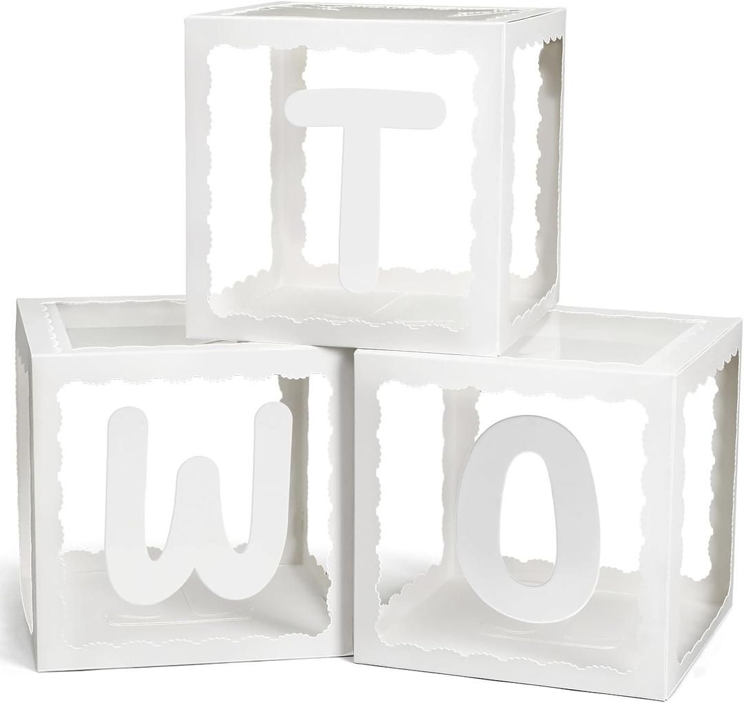 Two Birthday Decorations For Boy Girl, 3 Pcs TWO Balloon Boxes For 2nd Birthday, Baby Clear Blocks Party Decor With Letters For Photoshoot Props(Wavy Edge)