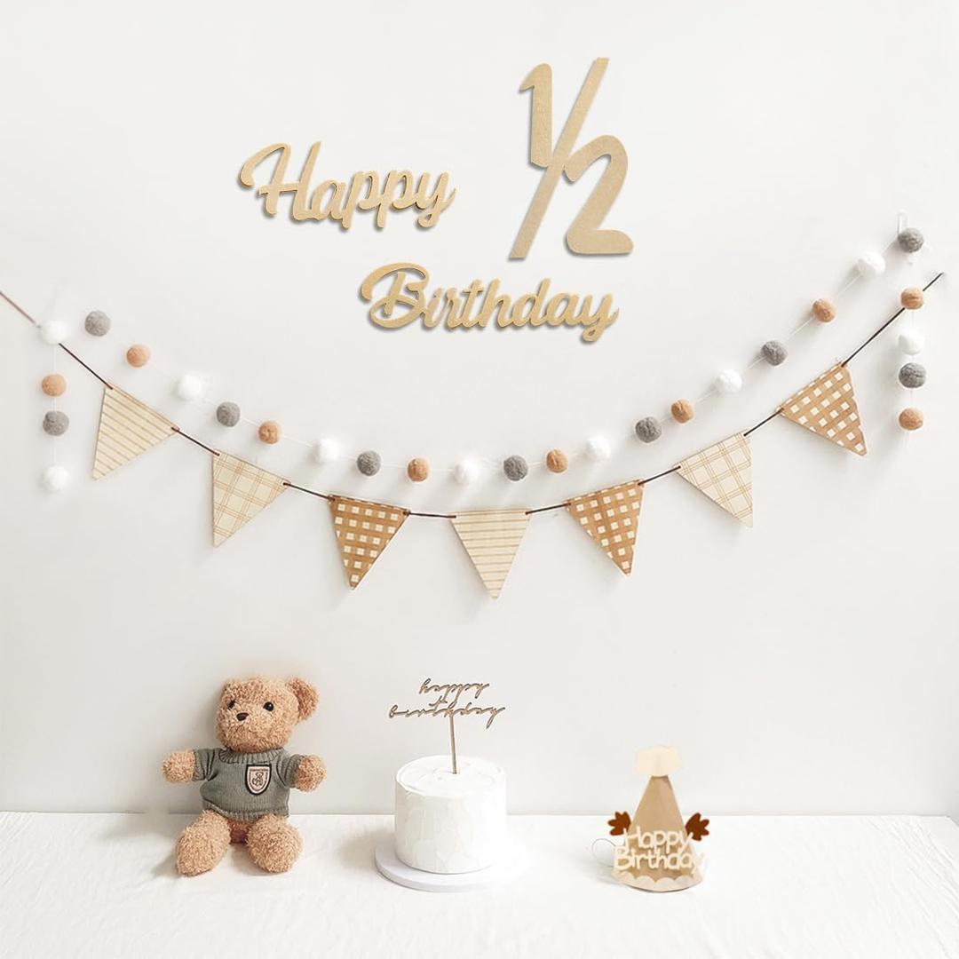 Happy 1/2 Birthday Banner Pre-Strung Pennant Felt Fabric Banner Flags and Pom Pom Garland, Party Hat for Half Birthday Decorations, Reusable Half Way to One Bunting Sign for Girl Boy 6 Months Party