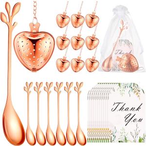 25 Sets Bridal Shower Tea Party Favor for Guest Leaf Tea Spoon Heart Shape Infuser Ball for Loose with Thank You Card Organza Bag Wedding Souvenir Gift(Rose Gold)