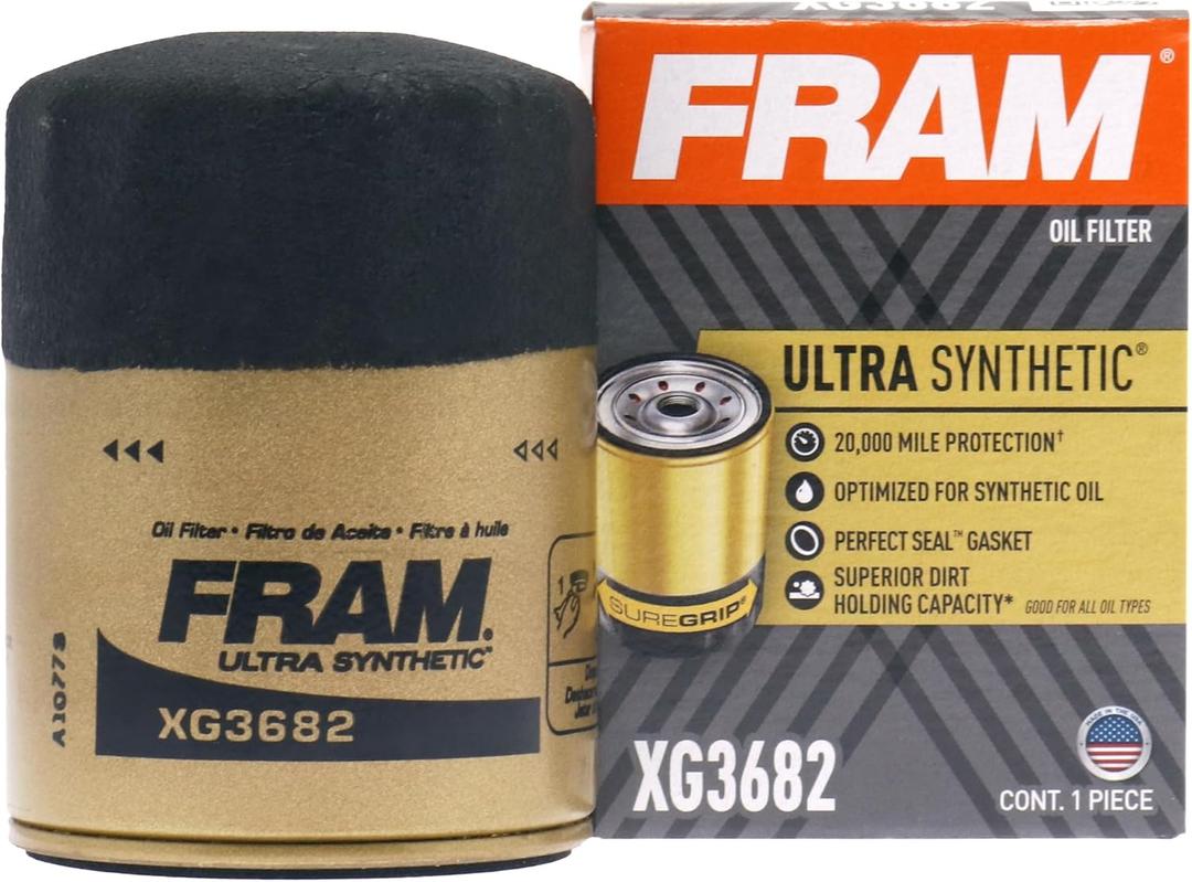 FRAM Ultra Synthetic Automotive Replacement Oil Filter, Designed for Synthetic Oil Changes Lasting up to 20k Miles, XG3682 with SureGrip (Pack of 1) (One Size)