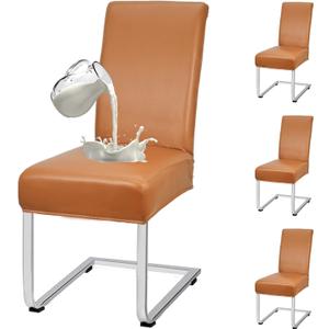 PU Leather Dining Chair Covers Removable 100% Waterproof Chair Covers for Dining Chairs Set of 4, Stretchy & Soft High Back Kitchen Chairs Cover Protectors (Orange)