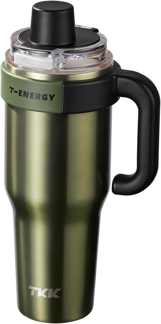 TKK 40 oz Insulated Tumblers with Handle and Straw, Stainless Steel Travel Mug with Ceramic Coating, Leak Proof Double Walled Iced Coffee Cup with Strainer for Hot & Cold Drinks, Olive Green