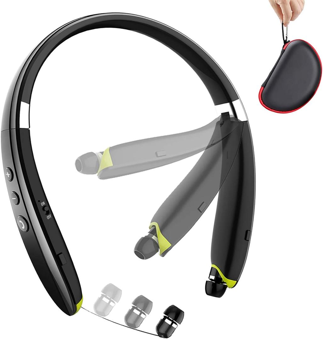Bluetooth Headphones, Upgraded Foldable Wireless Neckband Headset with Retractable Earbuds, Noise Cancelling Stereo Earphones with Mic for Workout, Running, Driving (with Carry Case) (Black)