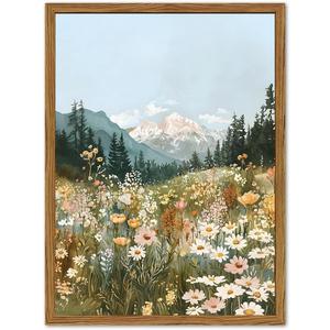 Framed Boho Landscape Wall Art, Colorful Floral Mountain Pictures Wall Decor, Vintage Wildflower Nature Paintings Canvas Prints Rustic Home Decor for Living Room Bedroom Office 12x16 inch