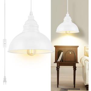 Plug in Pendant Light, 15FT Hanging Lights, On/Off Switch, Industrial Pendant Light with Plug in Cord, Metal Hanging Lamps for Living Room, Kitchen, Dining Room White