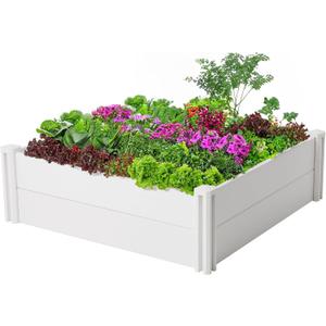 PASAMIC 4x4x1ft Vinyl Raised Garden Bed, Rust-Proof Raised Plant Box for Gardening, Durable Outdoor Planter Box with Open Bottom, DIY Above Ground Vinyl Garden Beds for Fruit, Vegetables, Herbs (White)