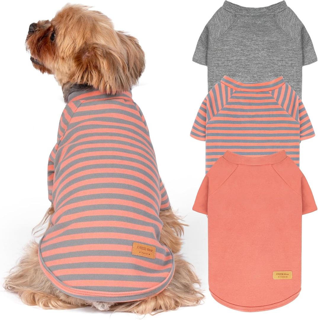 KYEESE 3Pack Dog Sweater, Soft Pet Sweatshirt Stretchy Pullover Dog Sweater for Small Dogs Girl Boy, Lightweight Fleece Pet Shirt Clothes with Sleeves, L (01# 3Pack(Orange+Grey+Stripe))
