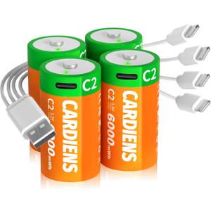 6000mWh Rechargeable C Batteries 4 Pack Lithium C Cell Battery with 4-in-1 USB-C Charging Cable and LED Charge Indicator