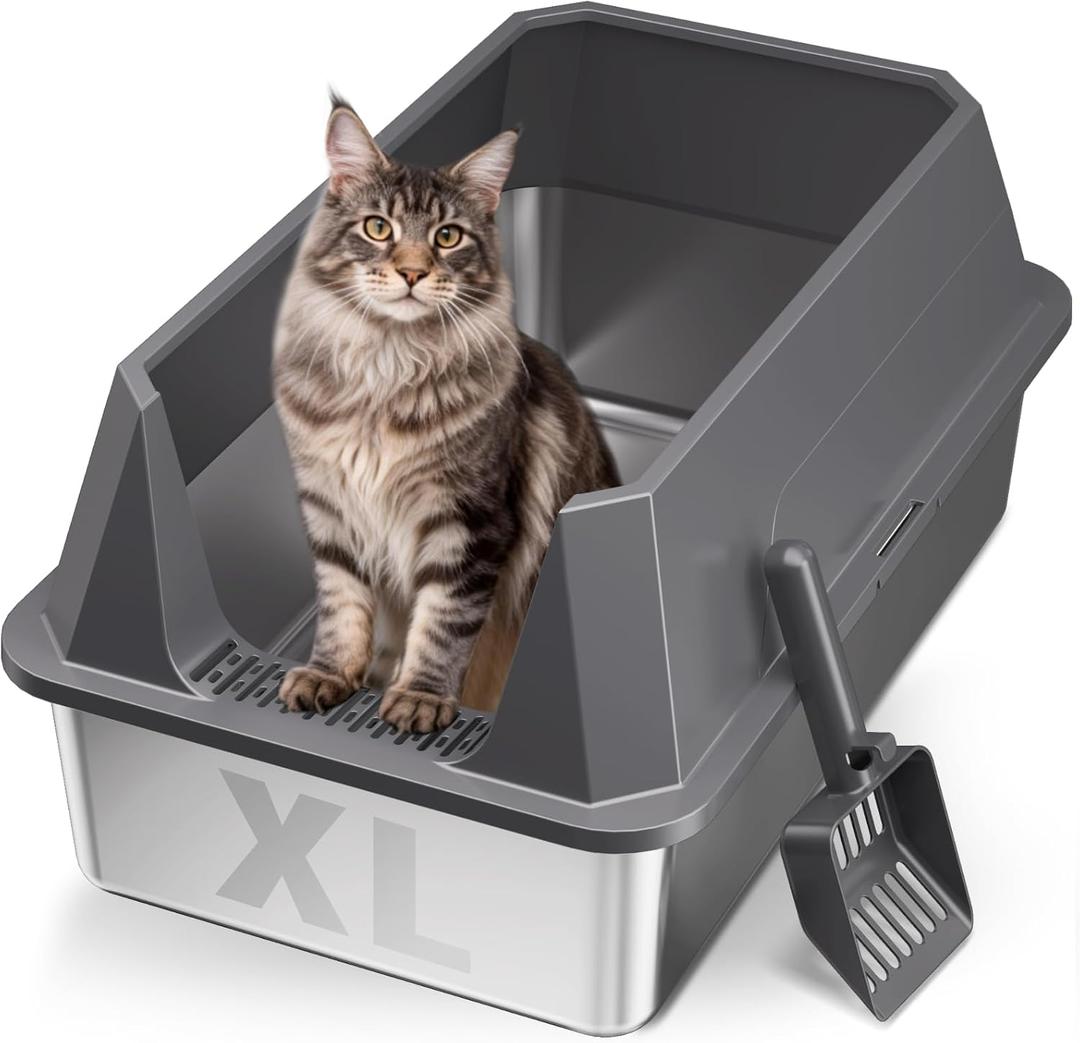 Stainless Steel Litter Box with High Sides, XL High Sided Cat Litter Pan, Open Top Extra Large Metal Cat Litter Box, Non-Stick, Odor Free, Leakproof, Scoop Included, Gray XML3-Light Gray-BT-03