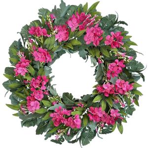 24 Inch Pink Hydrangea Wreaths for Front Door, Spring Summer Artificial Floral Wreaths with Pink Wildflowers, Green Olive Leaves Large Foliage, Farmhouse Rustic Decor for Porch, Wall, Garden