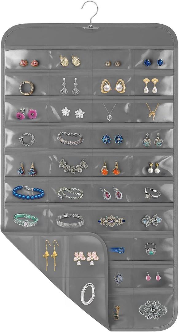 Hanging Jewelry Organizer for Closet with Swiveling Hanger, 17 x 30 In, 80 Clear Pockets Jewelry Organizer Hanging for Jewelries, Earrings, Accessories (Beige) (1, Gray)