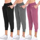 Women's 3 Pack Capri Sweatpants with Pockets - High-Waist Yoga Joggers Athletic Running Leggings for Workout, Gym, Lounge, S