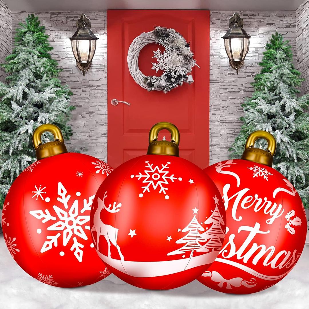 Jetec 3 Pcs 32 Inch Giant PVC Inflatable Christmas Ball Inflatable Decorated Ball Large Xmas Inflatables Ornaments Decorations for Xmas Holiday Outdoor Blow up Yard(Red, Snowflake)