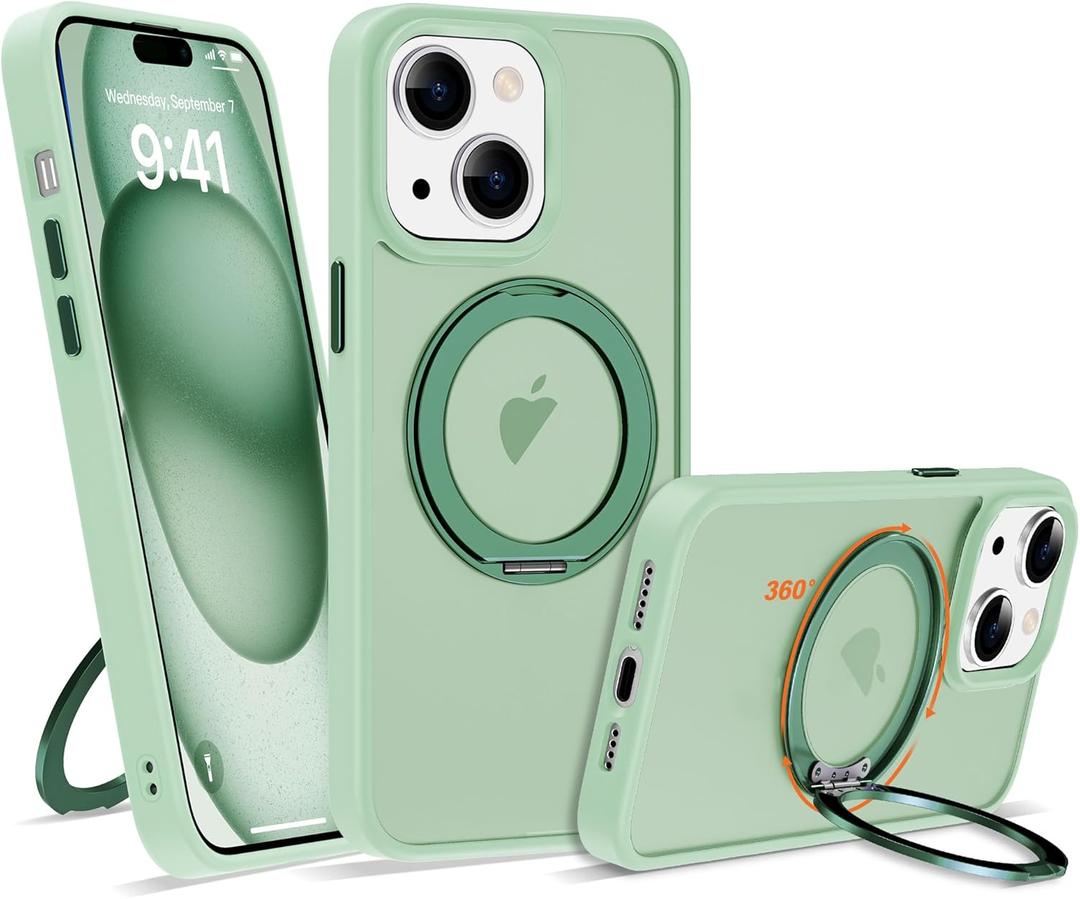 Compatible with iPhone 15 Case with 360° Rotatable Magnetic Ring Stand [Compatible with Mag-Safe] Translucent Shockproof Protective Phone Case for Women Men, Light Green