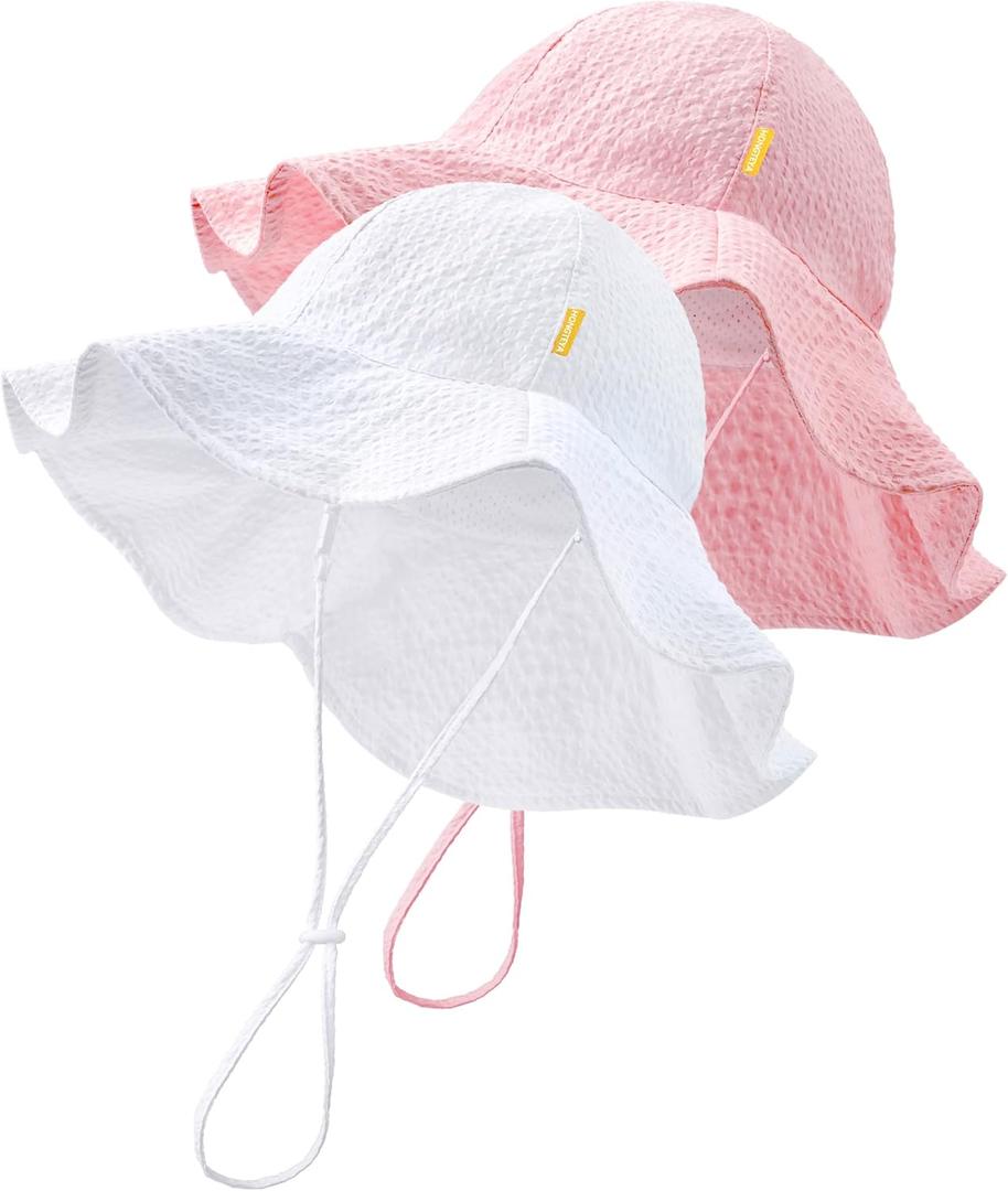 HONGTEYA Baby Sun Hat Toddler Girl Beach Hat Adjustable Outdoor Summer Hat UPF 50+ Sun Protection Wide Brim Infant Kids (6-24 Months, Pink/White)