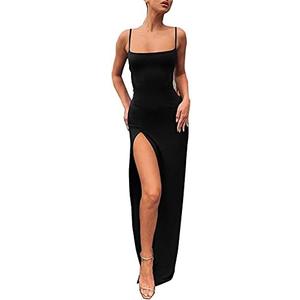 PRIMODA Women's Spaghetti Strap Bodycon Maxi Dress Long Formal Thigh-high Slit Club Wedding Guest Dress, L, Black