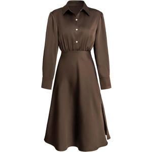 RIHOAS Women's Midi Dress Long Sleeve Shirt Dress for Spring Fall A-Line Office Work Dresses (Brown, M)