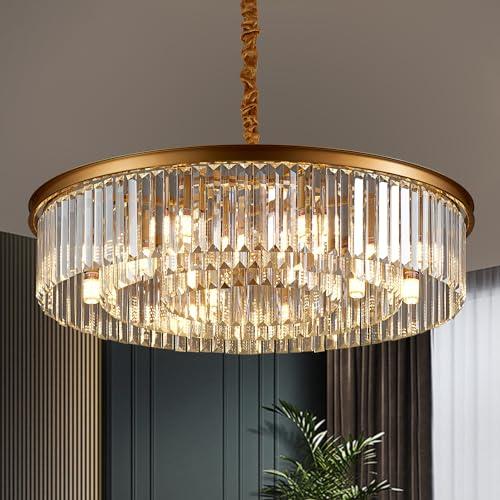 lighceac 31.5" 12-Light Modern Crystal Chandelier Light Fixtures 3 Rings Gold Luxury Chandeliers for Living Room Glam Round Hanging Ceiling Pendant Lighting for Entryway Kitchen Bedroom Dining Room