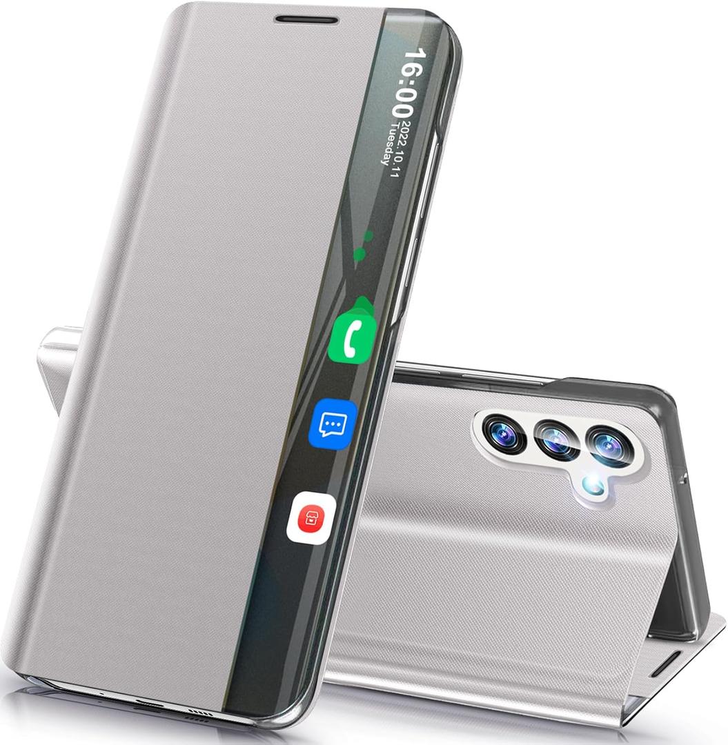 for Galaxy S24 FE 5G Case View Clear Window Leather Hard PC S24 FE Case Slim Mirror Kickstand Luxury Flip Shockproof for Samsung Galaxy S24 FE 5g Cover Protective (Gray)