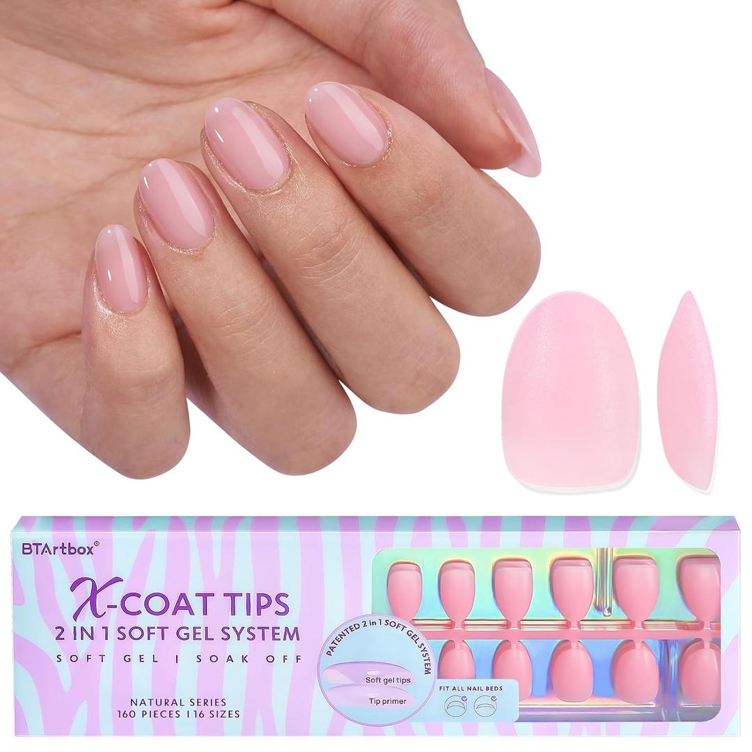 BTArtbox XCOATTIPS Natural Nail Tips Matte- Extra Short Almond Press On Nails Pink, Long Lasting Soft Gel Nails False Nail, Soak Off Acrylic Fake Nails Extensions for Nail Art DIY (A2-XS Almond)