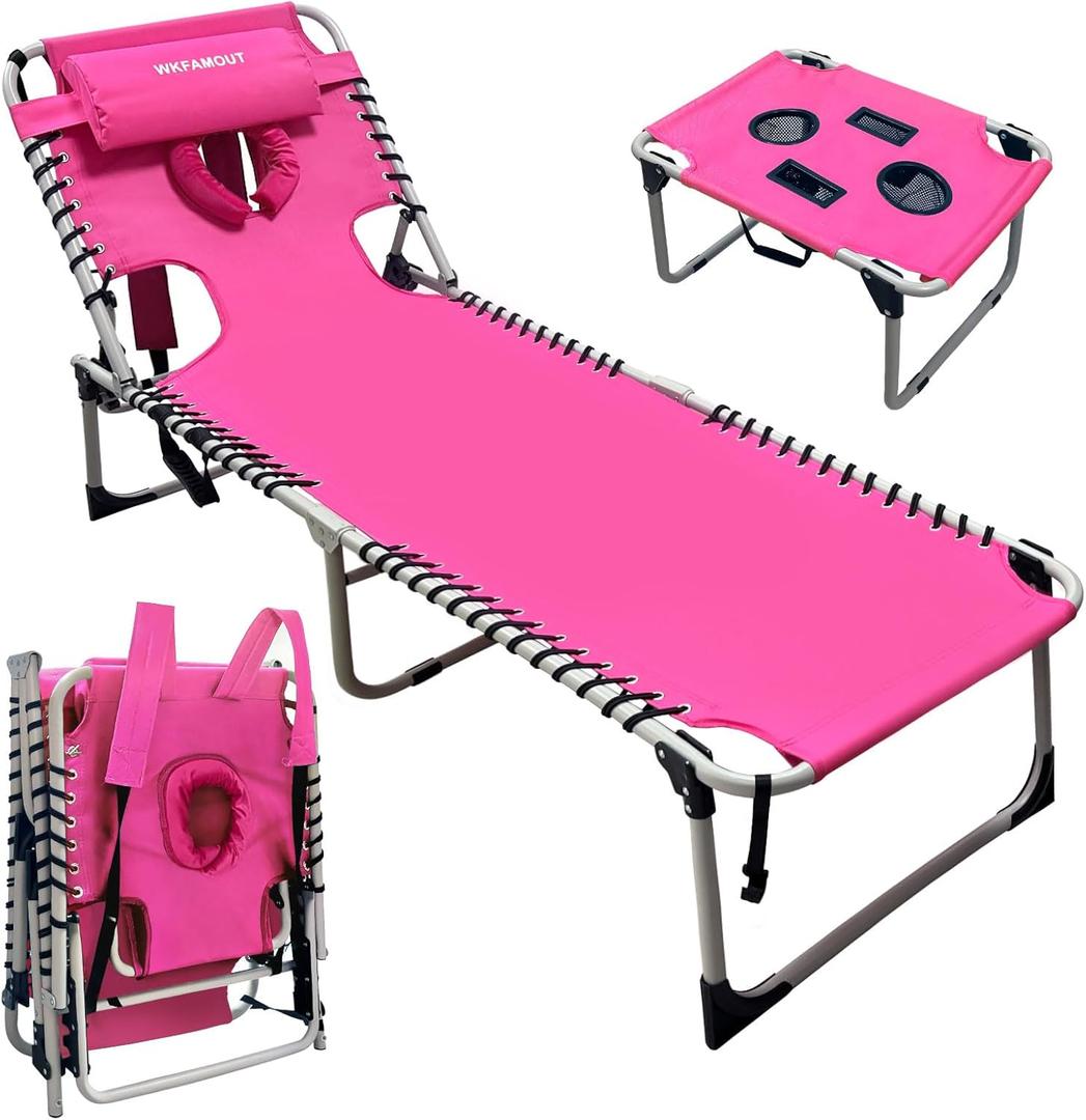 Backpack Sun Tanning Chair with Face Hole & Beach Table, 5-Position Adjustable Folding Lounge Chair Outdoor for Lawn Patio Garden, 74.8"*23.23"