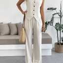 Women's 2 Piece Outfits Linen Vest Waistcoat Dressy Casual Sets Wide Leg Pants Suits Size L